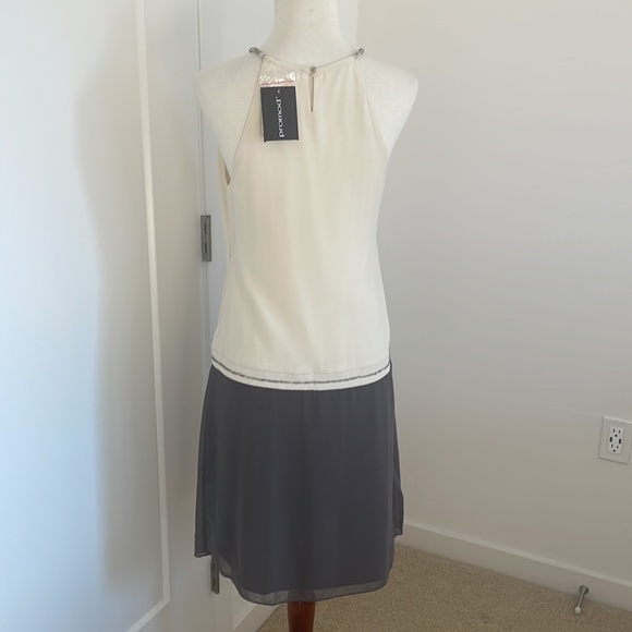 Beaded Neckline Beige & Grey Flow Dress - Picture 6 of 10